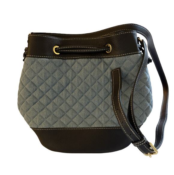 Talbots Handbags - Talbots Purse Blue Quilted Bucket Bag Brown Leather Trim Crossbody Drawstring